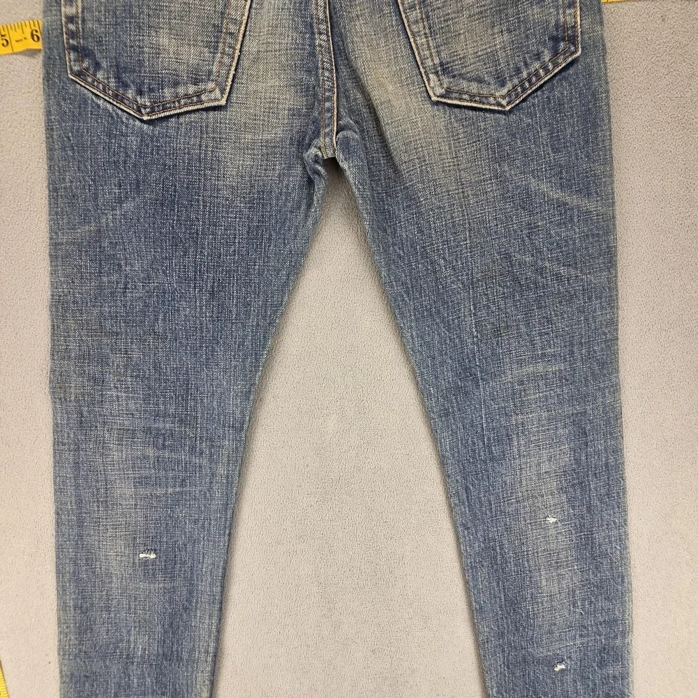 Selvedge Jeans Womens Blue Thrashed Patchwork Plaid Whiskers Studded‎ Fits 27x30